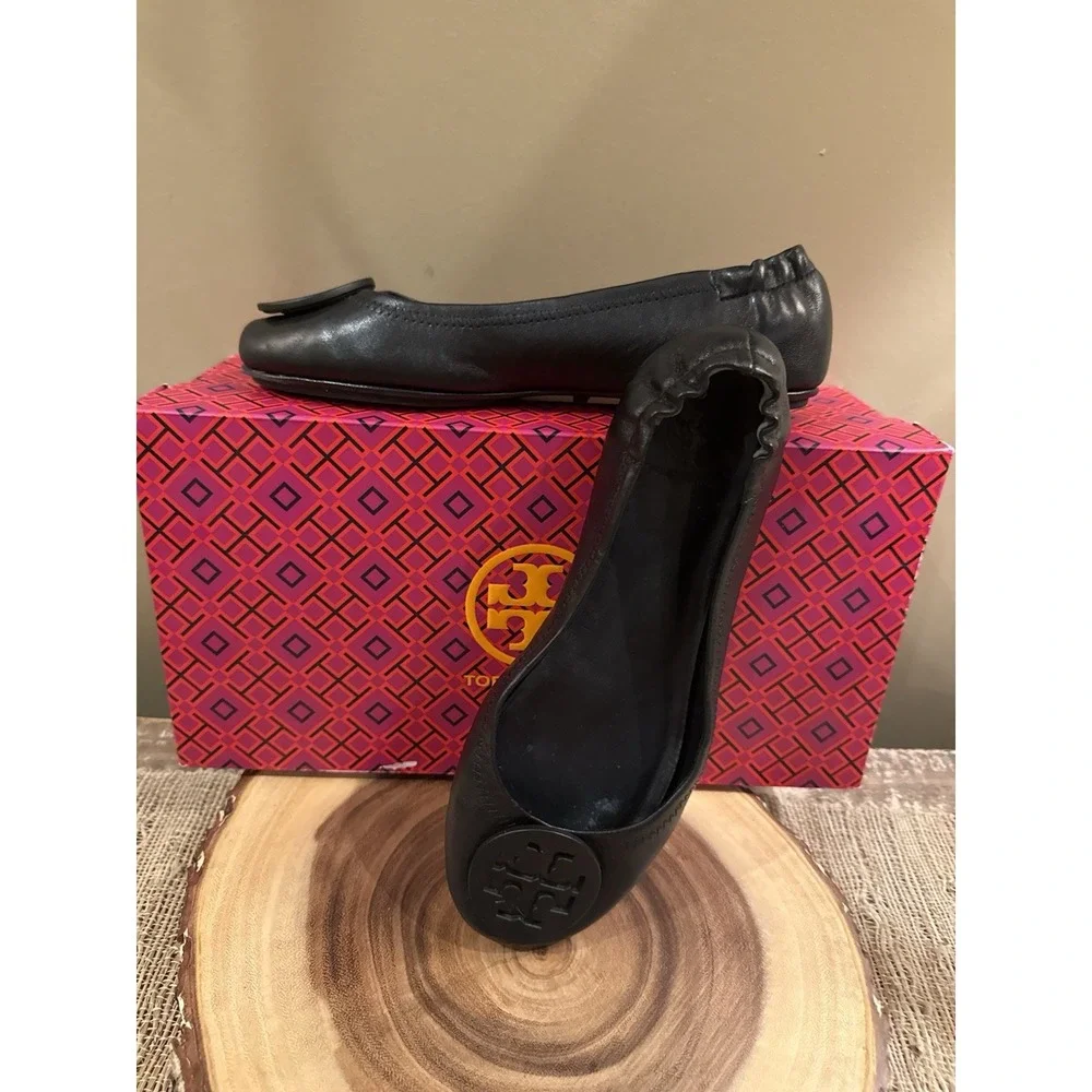 Tory Burch Minnie Travel Matte Black Leather Round Toe Ballet Flats Size 6.5